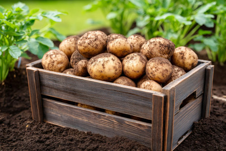 Raw potatoes with soil from the garden are placed in a wooden crate, ready for the market or storageの素材