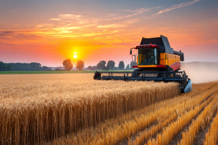 Combine harvester working on wheat field at sunsetの素材