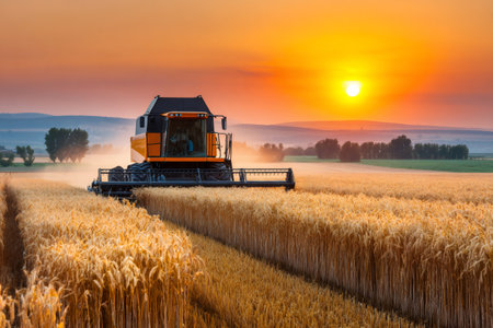 Combine harvester working in wheat field at sunset, creating beautiful sceneryの素材