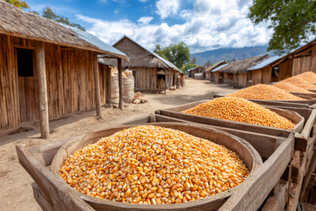 Large wooden containers brimming with dried corn kernels sit in front of traditional huts in a rural village, ready for processing or tradeの素材