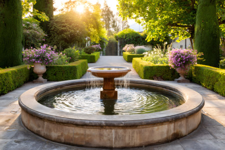 Tranquil scene of a water fountain flowing in a beautifully landscaped garden, bathed in the warm glow of sunsetの素材