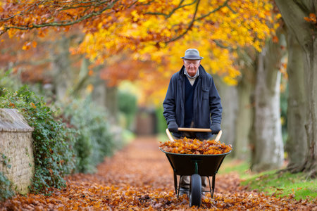 Senior gardener pushing a wheelbarrow along a path in a park, collecting fallen autumn leavesの素材