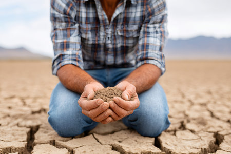 Farmer examining barren soil in cracked, dry land during severe droughtの素材