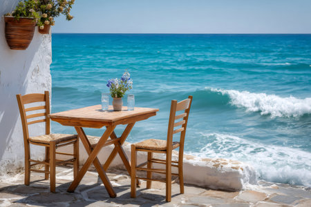 Wooden chairs and table with flower vase overlooking a beautiful turquoise ocean in Greece, inviting patrons to relax and enjoyの素材