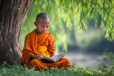 Novice monk learning and studying under a tree in a peaceful natural environmentの素材