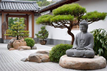 Serene buddha statue sits peacefully in a traditional Japanese zen garden, surrounded by bonsai trees, rocks, and meticulously raked gravelの素材