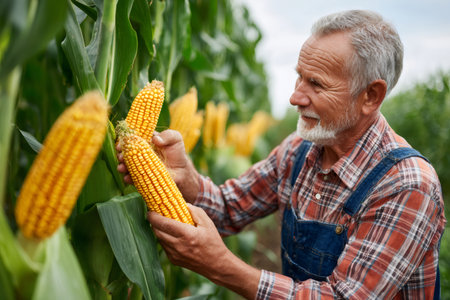 An experienced farmer checks the quality of his corn crop, ensuring a successful harvestの素材