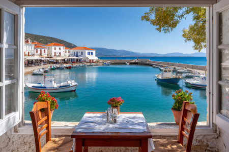Tranquil scene of a restaurant with open windows overlooking a charming fishing harbor in Greece, featuring boats, clear blue water, and traditional whitewashed buildingsの素材