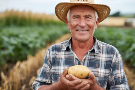 Portrait of a smiling senior farmer holding a potato in his hands in a cultivated fieldの素材