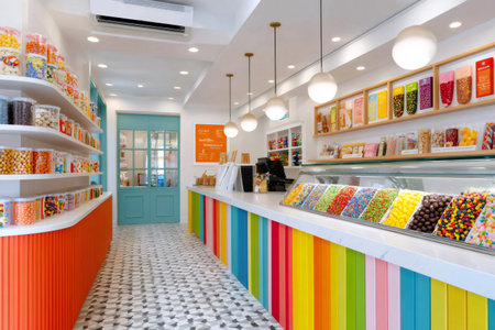 Vibrant candy store interior showcasing shelves filled with colorful candies, creating a cheerful and tempting atmosphereの素材