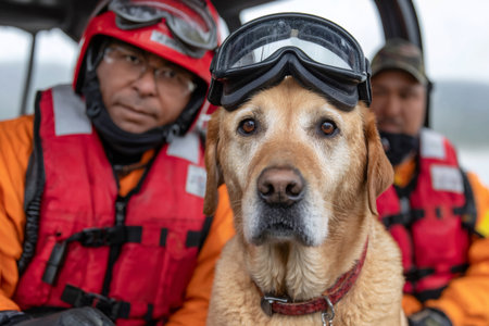 Labrador dog wearing goggles with search and rescue team in helicopter or boat during a training exerciseの素材