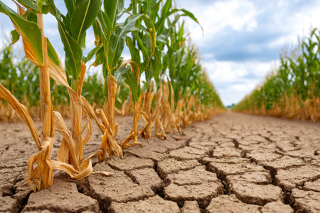 Withered corn stalks stand in dry, cracked earth, symbolizing the impact of severe drought on agricultureの素材