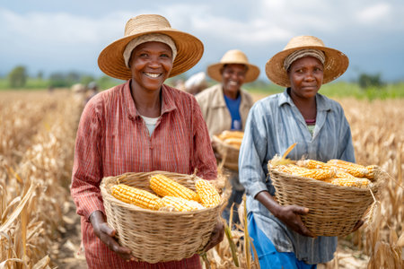 African female farmers carrying baskets of corn cobs during harvest time, working together in agricultural fieldの素材