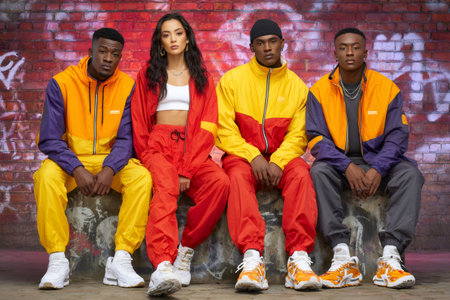 Four young dancers are sitting and posing in front of a brick wall with graffiti while wearing colorful tracksuitsの素材