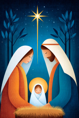Mary and Joseph admiring newborn Jesus in the manger under the Christmas starの素材