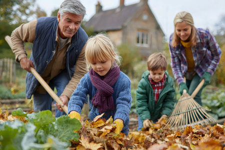 Family working together picking up autumn leaves in a gardenの素材