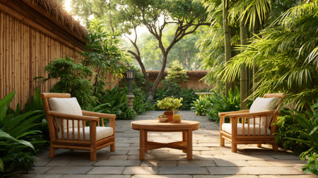 Tranquil outdoor patio featuring bamboo furniture, lush tropical plants, and a serene atmosphere, perfect for relaxationの素材