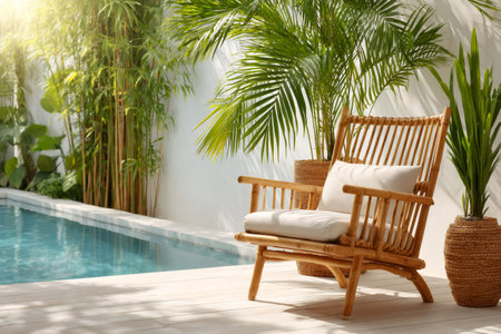 Rattan armchair inviting to relax by a peaceful pool, surrounded by lush tropical plants and bamboo, creating a serene and luxurious atmosphereの素材