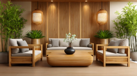 Minimalist interior design featuring wooden furniture, plants, and soft lighting, creating a calming and elegant atmosphereの素材