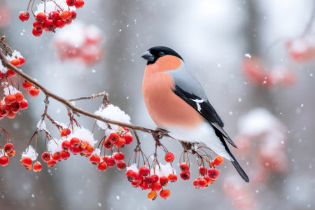 Beautiful Eurasian bullfinch perched on a snowy branch with red berries during winter snowfallの素材