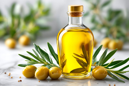 Golden olive oil in a glass bottle surrounded by fresh olives and olive branches, embodying the essence of Mediterranean cuisineの素材