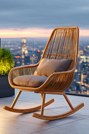 Comfortable rocking chair placed on a modern terrace overlooking the illuminated cityscape at sunsetの素材