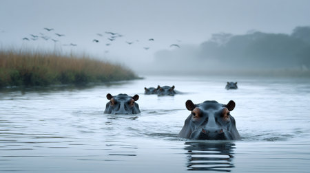 Hippos glide through a tranquil, mist covered river at dawnの素材
