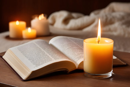 Open book with burning candle on wooden table creates a peaceful atmosphere in cozy bedroomの素材