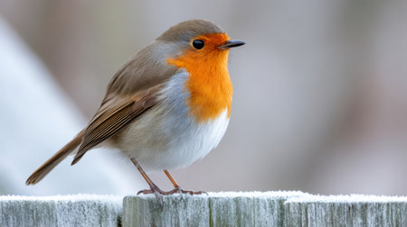 European robin perched on frosty fence in winterの素材