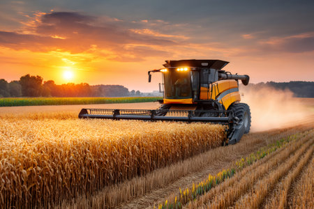 Combine harvester working in wheat field at sunset, creating dust clouds during harvestの素材