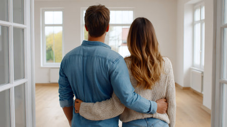 Rear view of young couple embracing and looking out window in new homeの素材