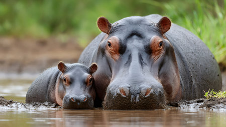 Hippopotamus mother and calf relaxing in a serene water settingの素材