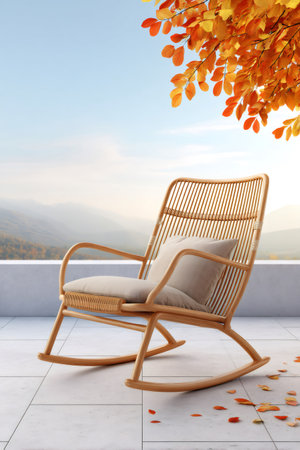 Wooden rocking chair on a balcony under a tree with orange leaves during a sunny autumn dayの素材