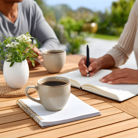 Writers enjoying a coffee break on a garden patio table, taking notes and sharing ideasの素材