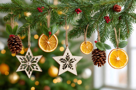 Festive Christmas ornaments hanging on a fir tree branch, creating a warm and inviting holiday atmosphereの素材