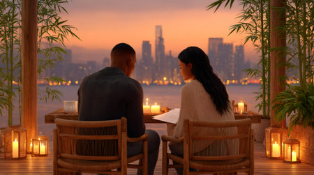 Couple having romantic dinner with candles and city skyline view during sunsetの素材