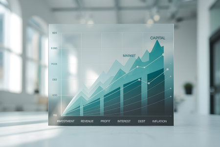Transparent business chart showing positive growth in market capital, investment, revenue, profit, interest, debt and inflationの素材