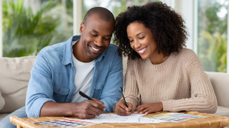 Happy couple designing their new house choosing colors and materials smiling and having funの素材