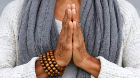 Close up of praying hands of mature woman with wooden beads bracelet meditatingの素材