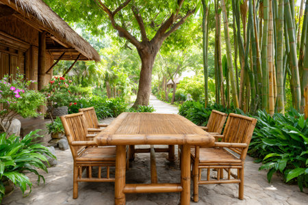 Tranquil garden with bamboo furniture next to a bamboo house, creating a peaceful and natural atmosphereの素材