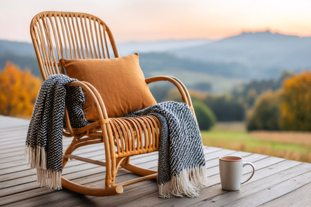 Cozy rocking chair with warm blanket and pillow on a wooden terrace in the mountains, enjoying autumn sunsetの素材