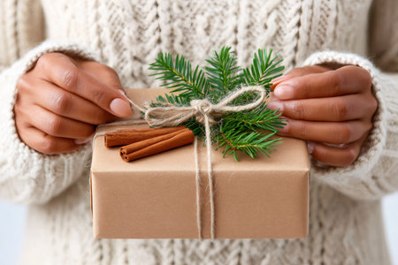 Woman wearing a knitted sweater is holding a Christmas gift decorated with a fir tree branch and cinnamon sticksの素材