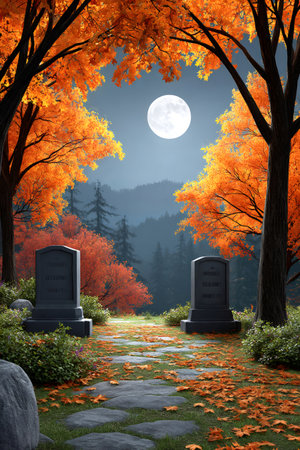 Stone path with fallen leaves leading through a cemetery with tombstones under the full moon, surrounded by colorful autumn trees and hillsの素材