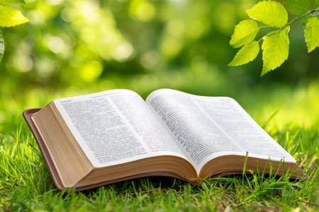 Open book lying on grass with green leaves and blurred nature background evoking spirituality and faithの素材
