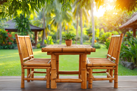 Bamboo furniture creates a relaxing atmosphere in a serene garden setting, bathed in the warm glow of sunlightの素材