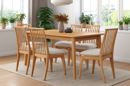 Wooden dining table and chairs in a bright, modern dining room, creating a warm and inviting atmosphereの素材