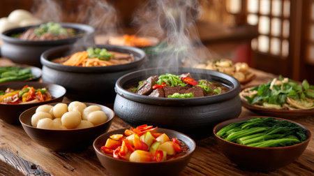 Traditional asian cuisine with steaming hot pot, beef, vegetables, and dumplings served in earthenware bowls, creating a warm and inviting culinary sceneの素材