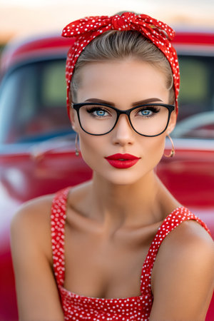 Portrait of beautiful pin up woman wearing eyeglasses and red polka dot dress posing near classic carの素材