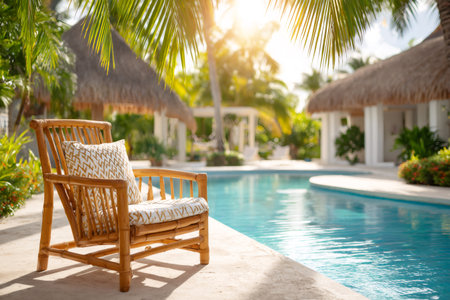 A comfortable bamboo chair stands beside a luxurious turquoise pool at a tropical resort, promising a relaxing vacationの素材