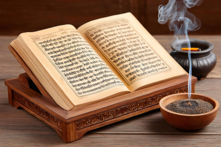 Open antique book displayed on an ornate wooden stand, accompanied by burning incense, creating a serene and spiritual atmosphereの素材
